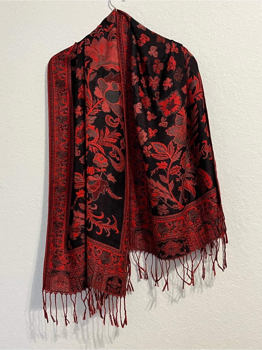 Reversible Jacquard Floral Shawl Wrap Red Black Oversized Fringe Boho Gothic